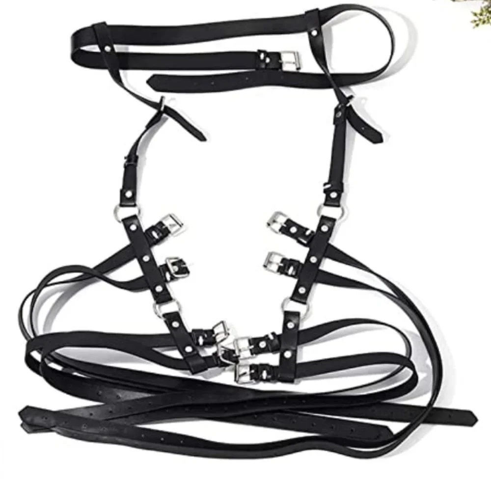Black Faux Leather Silver Bondage Rave Leg Belt‎ Cage Harness Body Jewelry